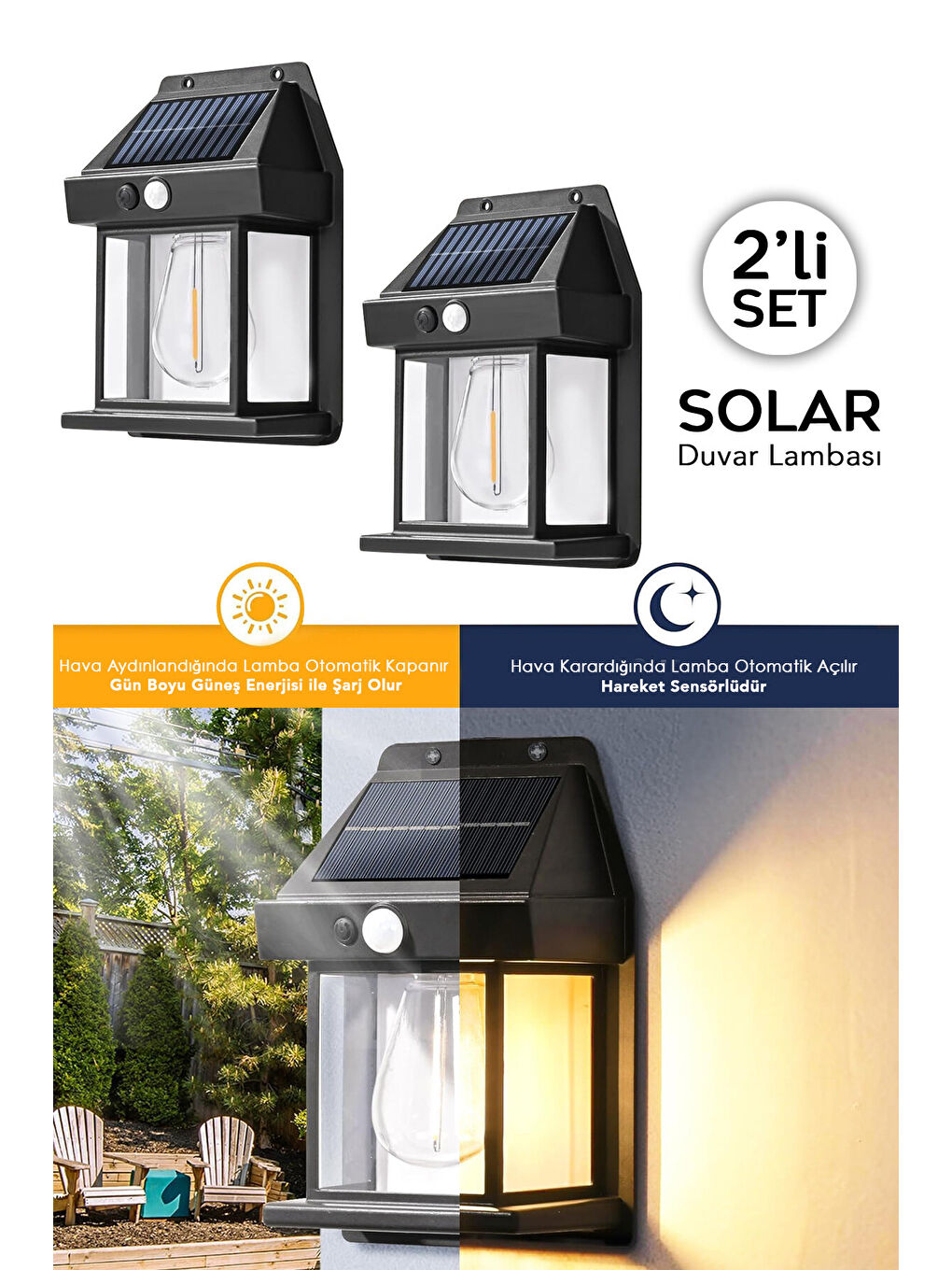 Siyah 2 Adet Solar Duvar Lambası