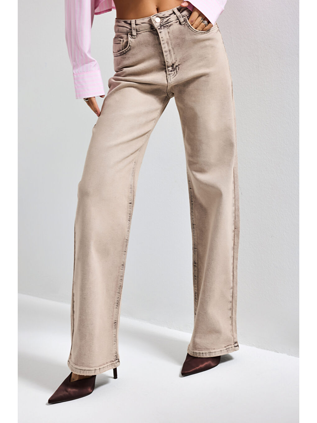 Bej Kadın Taş Renk 4s6-167 Straight Fit Yüksek Bel Elastan Kumaş Denim Jean-4