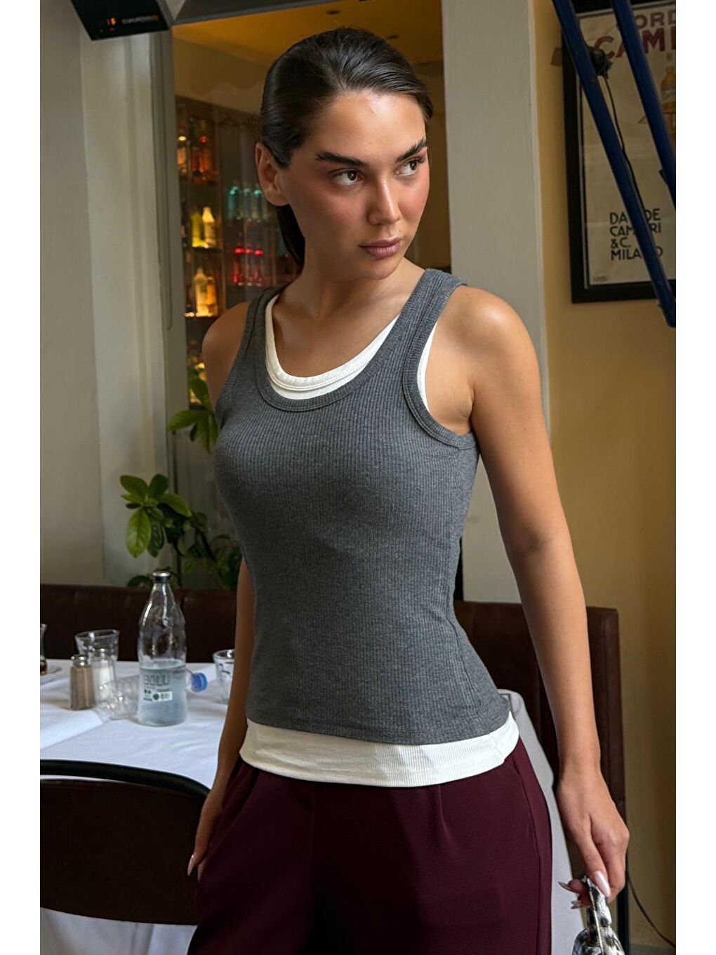 Gri Çift Kat Görünümlü Kadın Atlet Mg2558