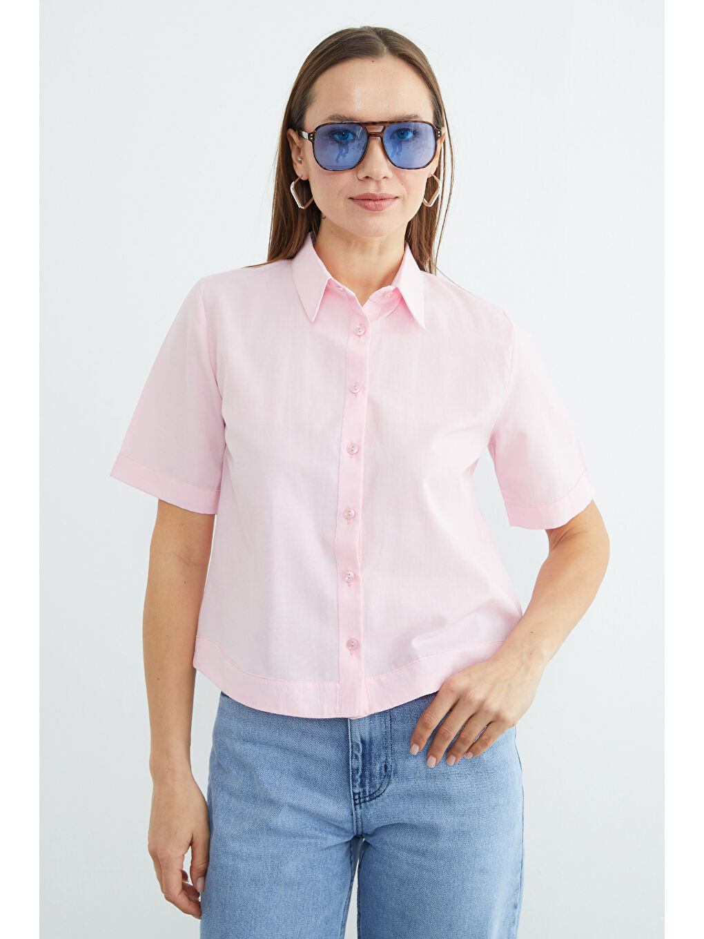 Pembe Basic Kolu Ve Beli Manşetli Crop Gömlek-2