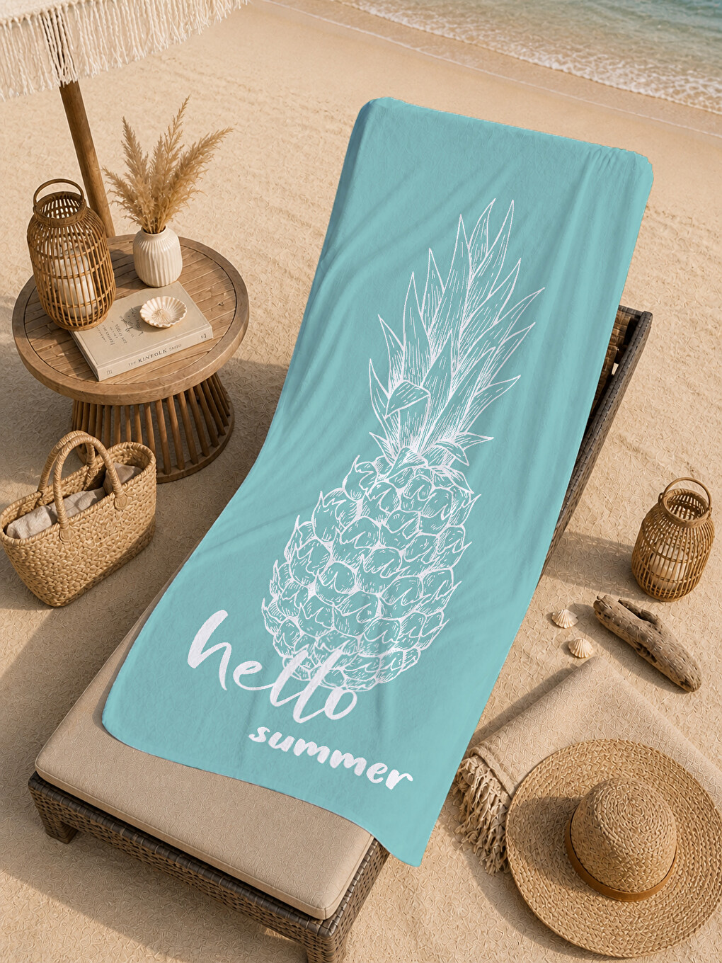 Turkuaz Hello Summer Ananas Desenli 70x150 Cm Dijital Baskılı Plaj Ve Banyo Havlusu-4