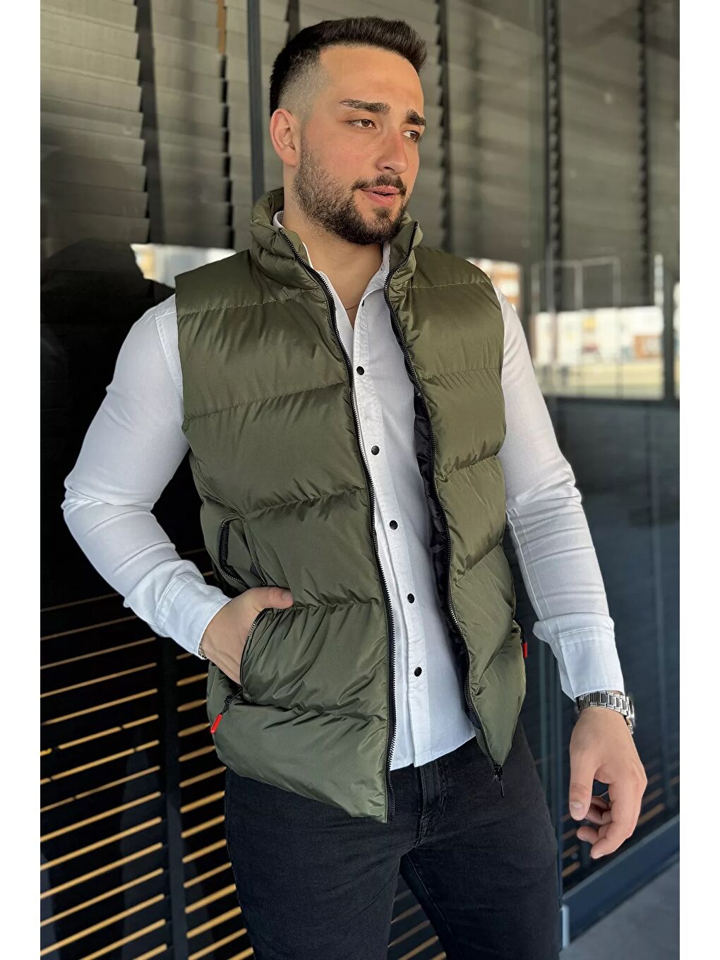 Haki Erkek Çift Cepli Şişme Astarlı Yelek