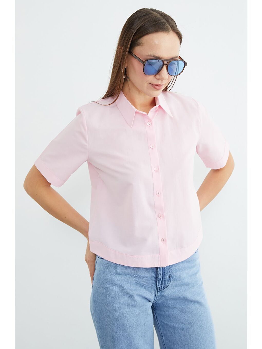 Pembe Basic Kolu Ve Beli Manşetli Crop Gömlek-4