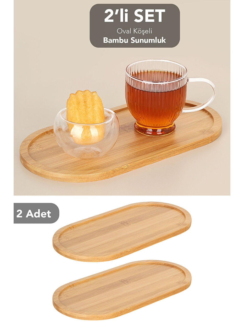 Bej 2 Adet Oval Bambu Sunumluk