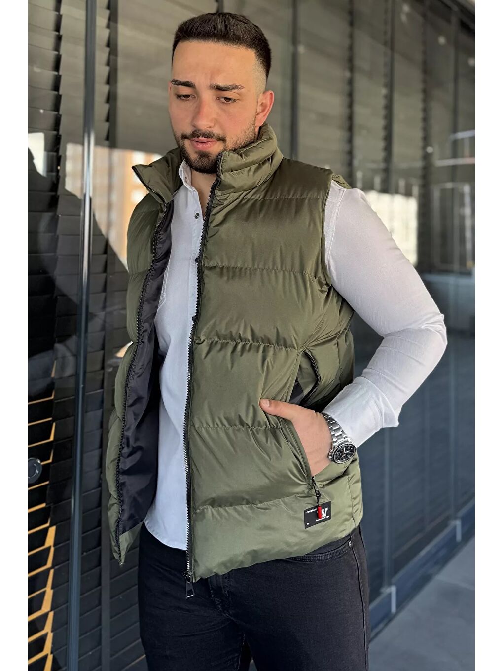 Haki Erkek Çift Cepli Şişme Astarlı Yelek-1