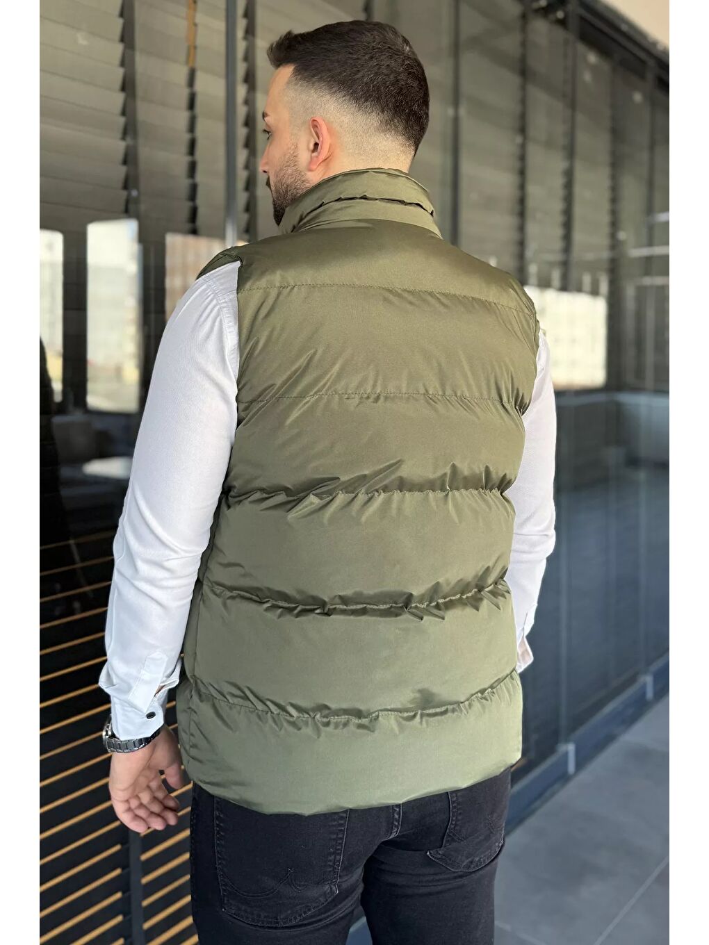 Haki Erkek Çift Cepli Şişme Astarlı Yelek-2