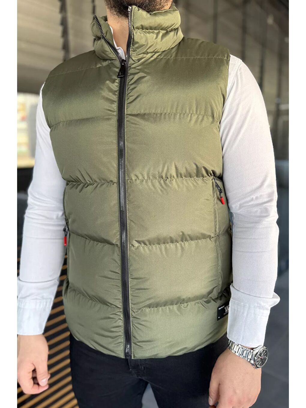 Haki Erkek Çift Cepli Şişme Astarlı Yelek-3