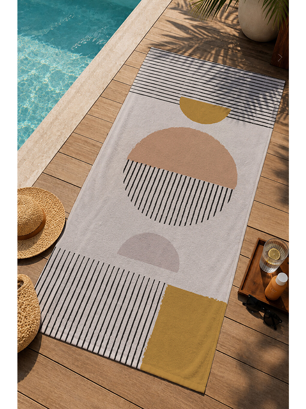 Bej Siyah Geometrik Daire Desenli 70x150 Cm Dijital Baskılı Plaj Ve Banyo Havlusu-2