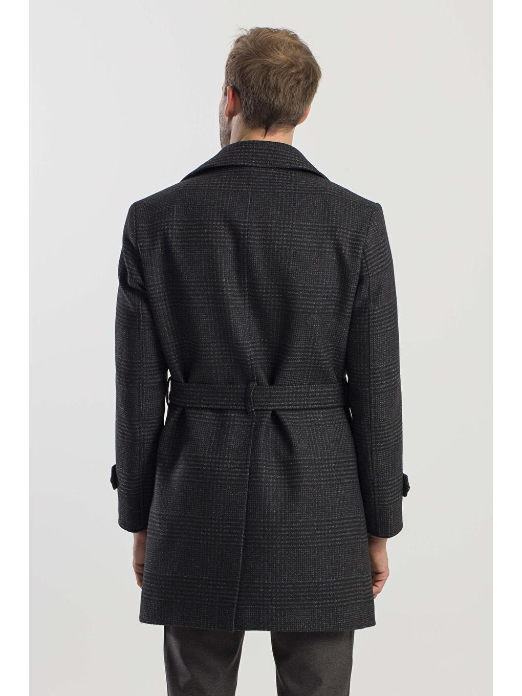 Siyah Slim Fit Gemici Yaka Ekoseli Yünlü Kaban-3