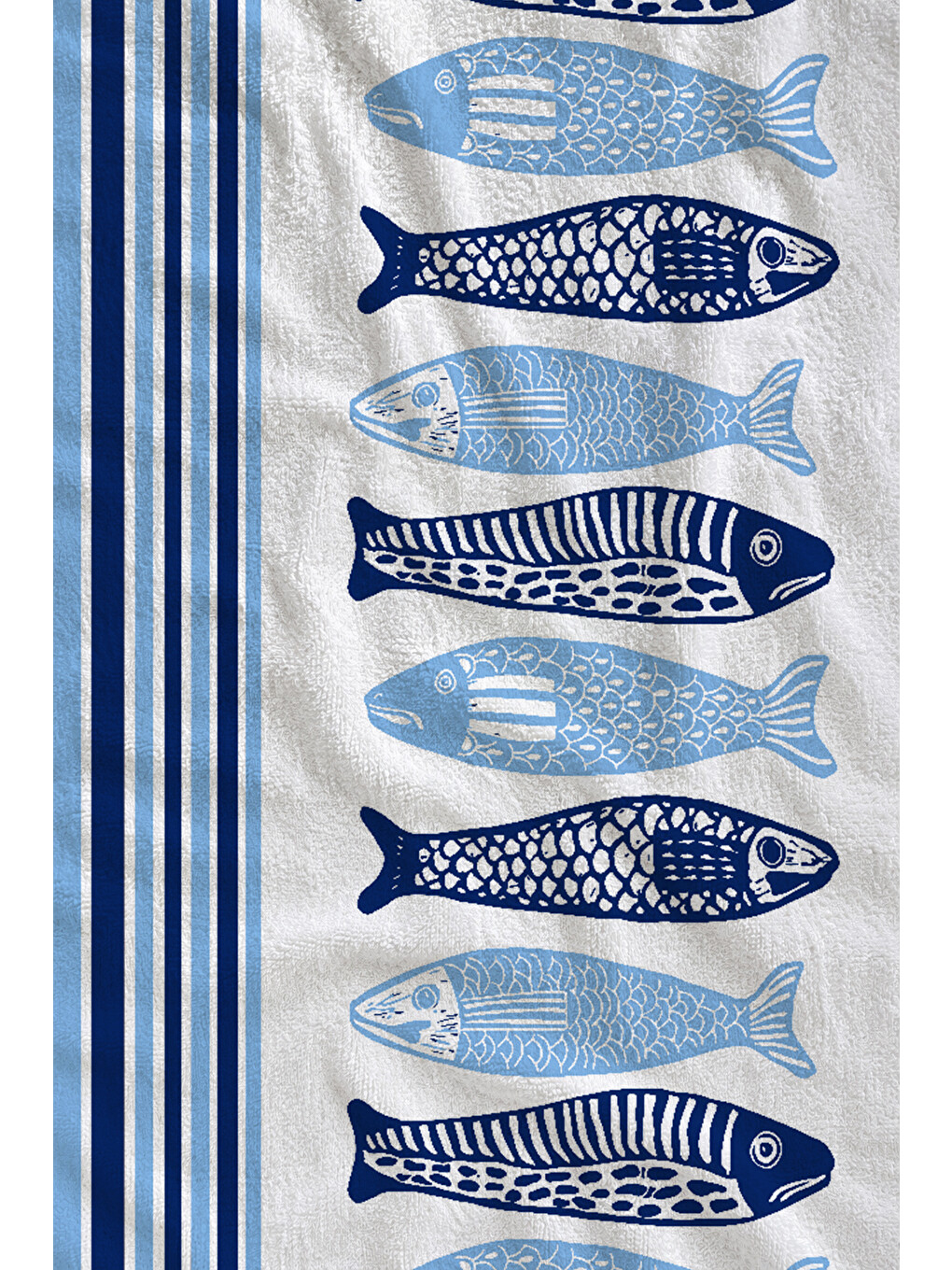 Milbay Grup Beyaz Mavi Çizgili Balık Desenli 70x150 Cm Dijital Plaj Ve Banyo Havlusu-37234-1