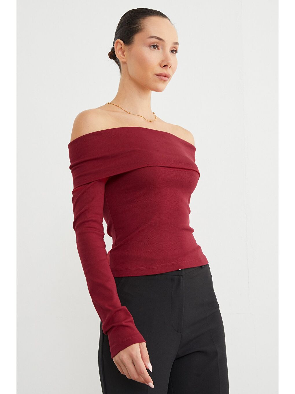 Bordo Basic Madonna Yaka Modal Bluz-4