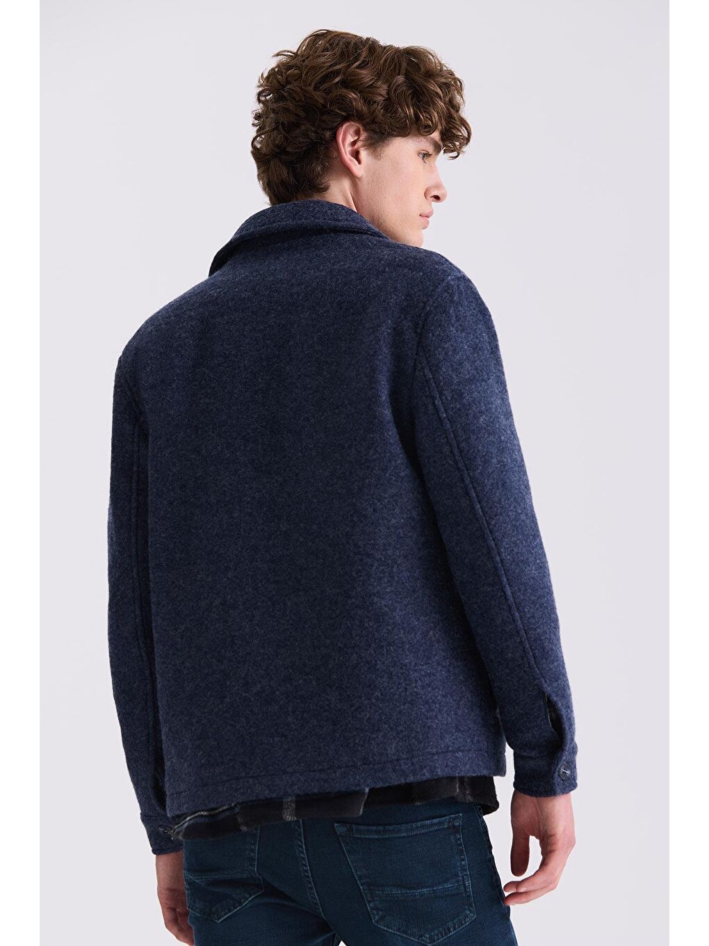 Lacivert Slim Fit Berberi Yaka Yünlü Kaşe Kaban-3