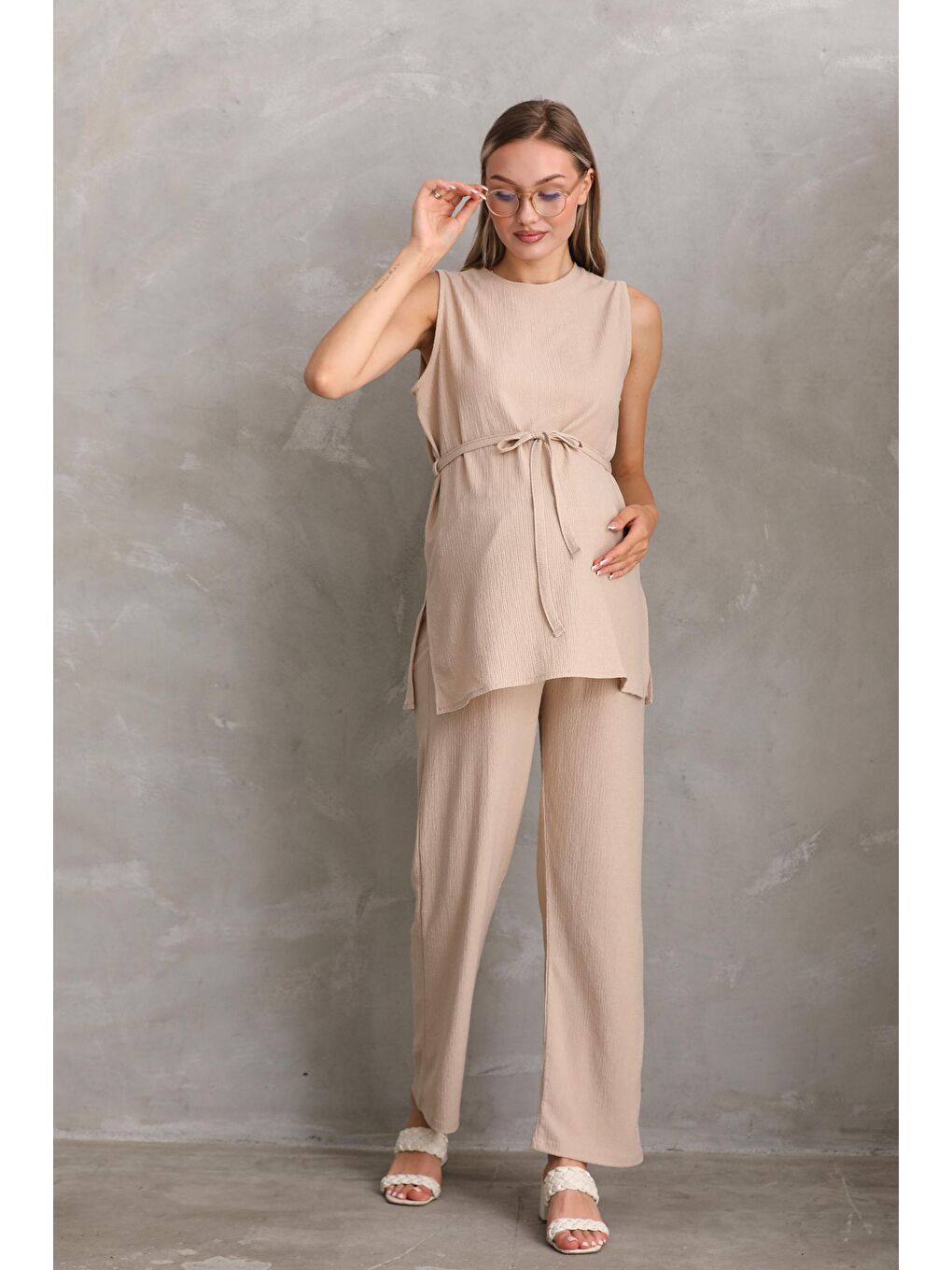 Bej Önden Kuşak Detaylı Hamile ve Lohusa Kolsuz Alt - Üst Takım-1