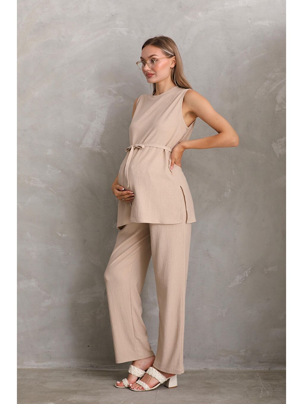 Bej Önden Kuşak Detaylı Hamile ve Lohusa Kolsuz Alt - Üst Takım-2