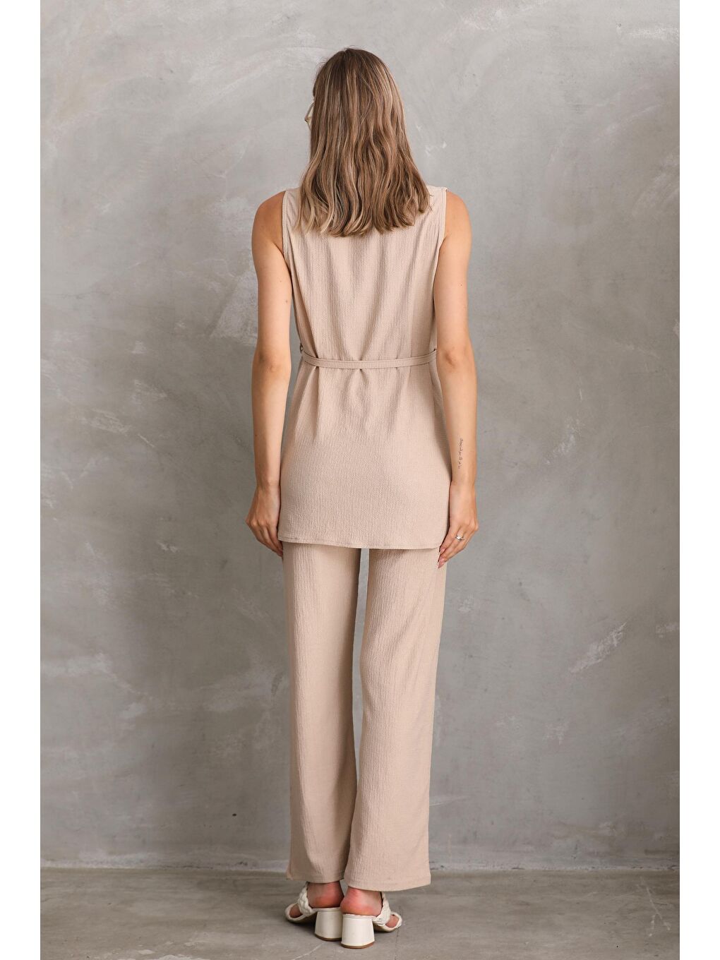 Bej Önden Kuşak Detaylı Hamile ve Lohusa Kolsuz Alt - Üst Takım-3