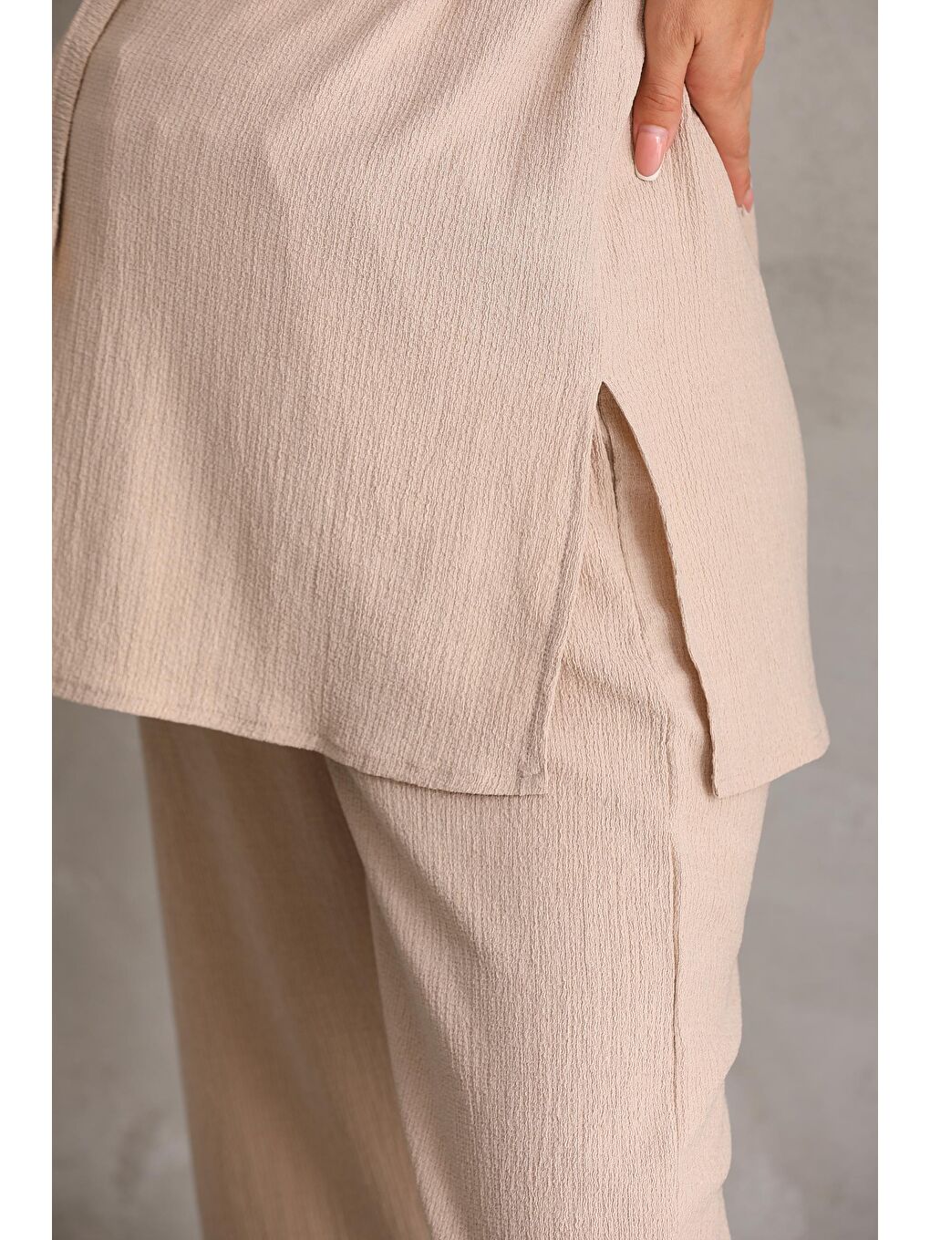 Bej Önden Kuşak Detaylı Hamile ve Lohusa Kolsuz Alt - Üst Takım-4