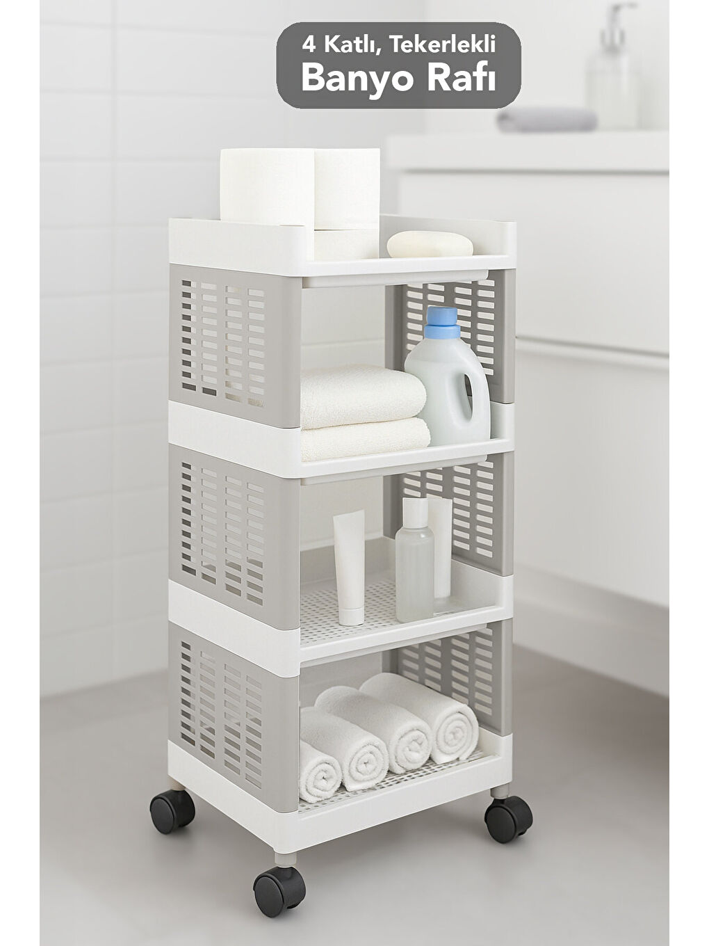 Gri 4 Katlı Tekerlekli Banyo Rafı