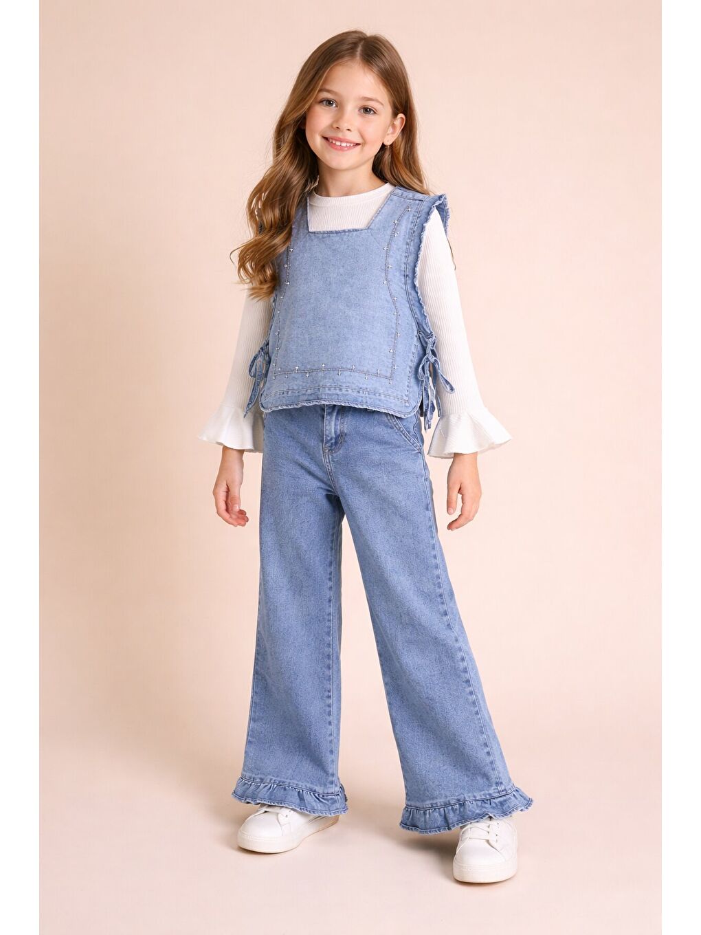 Mavi Geniş Paça Pantolonlu Taş Detaylı 3lü Kız Çocuk Jean Takım 23740