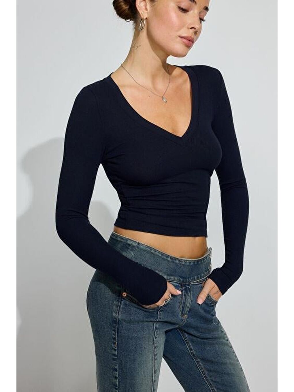 Lacivert V Yaka Uzun Kollu Kaşkorse Body Mg2192-2