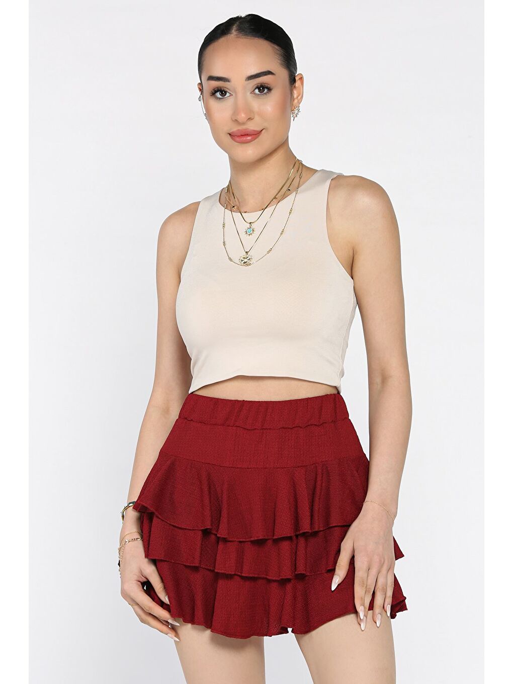 Bordo Kadın Bel Lastikli Fırfırlı Mini Şort Etek