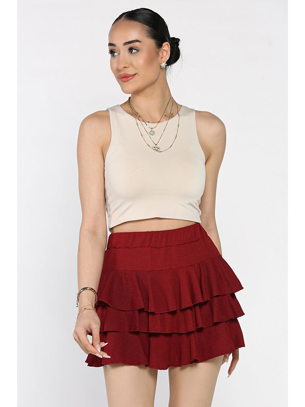 Bordo Kadın Bel Lastikli Fırfırlı Mini Şort Etek-1