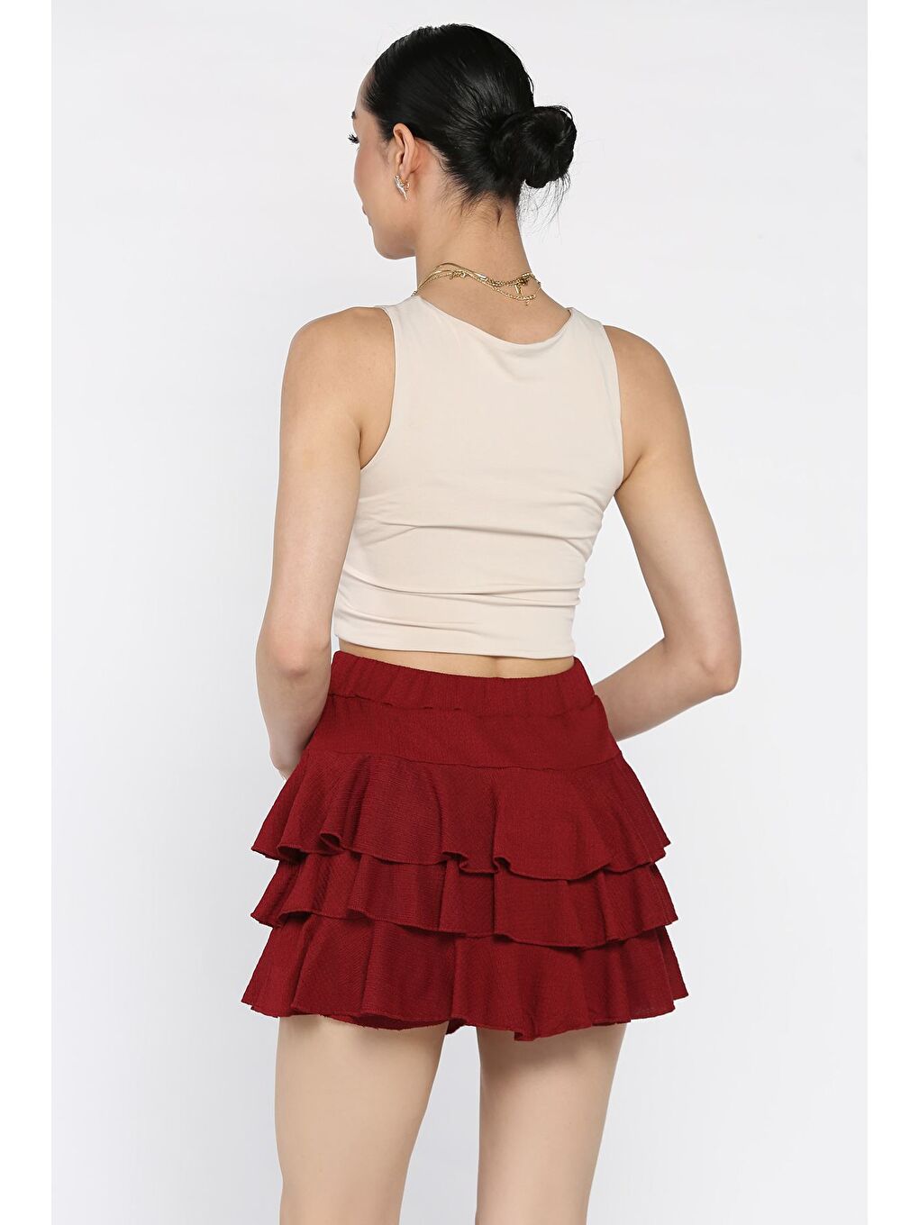 Bordo Kadın Bel Lastikli Fırfırlı Mini Şort Etek-2