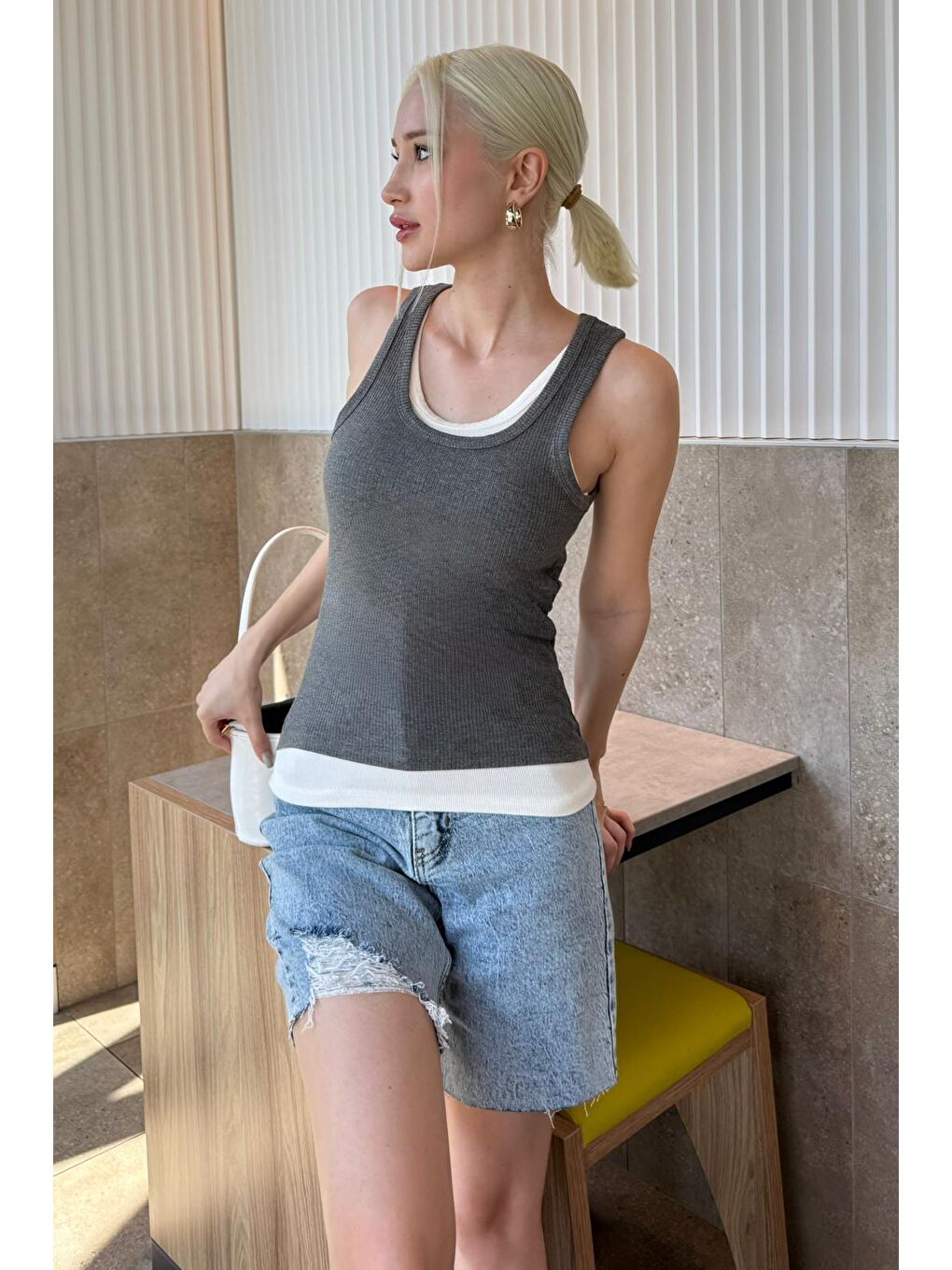 Gri Çift Kat Görünümlü Kadın Atlet Mg2558-1