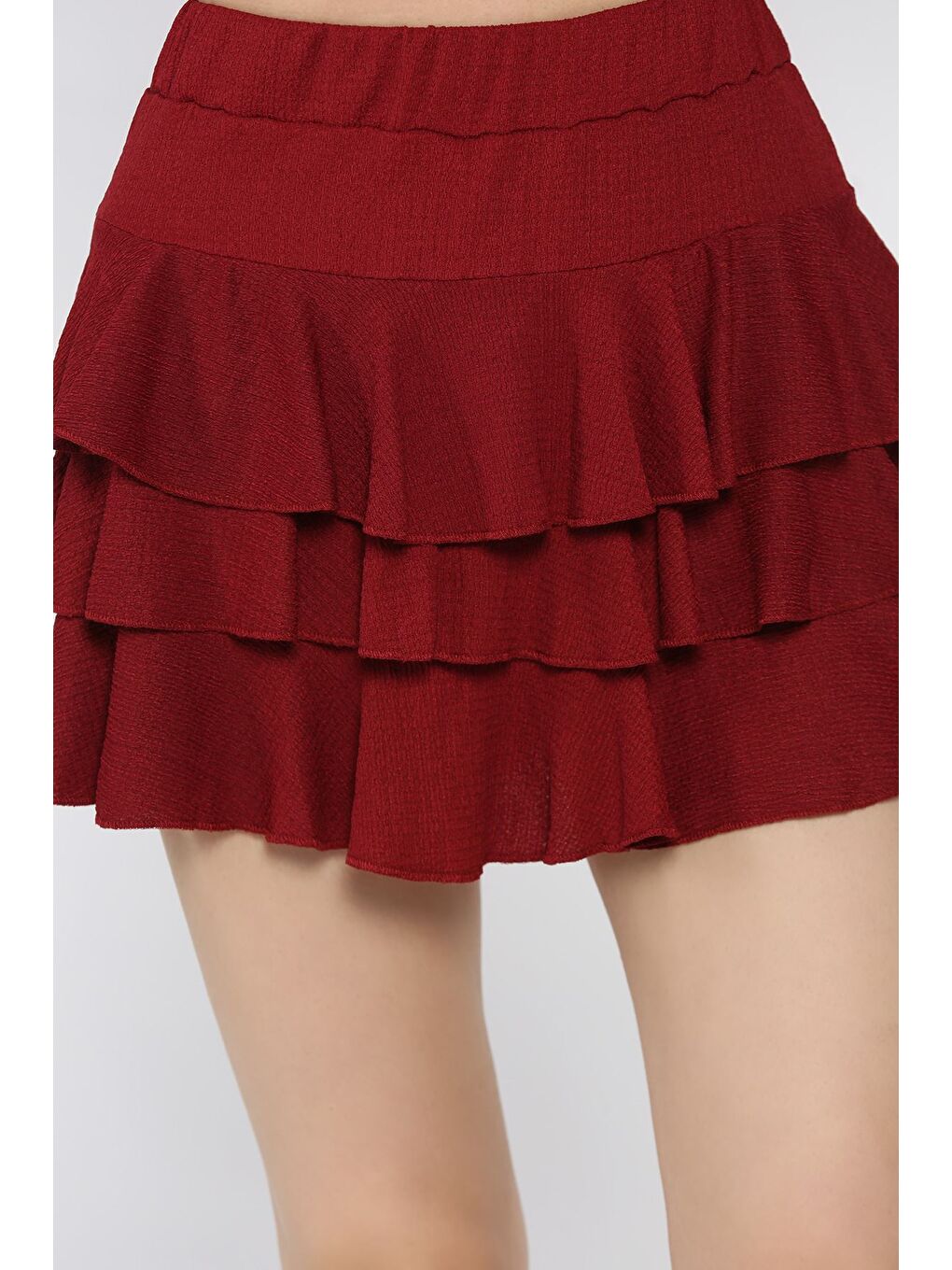 Bordo Kadın Bel Lastikli Fırfırlı Mini Şort Etek-3
