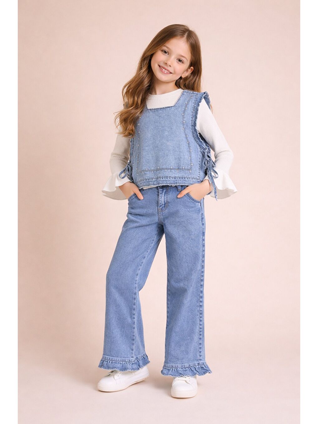 Mavi Geniş Paça Pantolonlu Taş Detaylı 3lü Kız Çocuk Jean Takım 23740-1