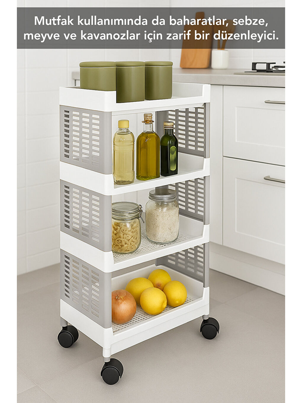 Gri 4 Katlı Tekerlekli Banyo Rafı-3