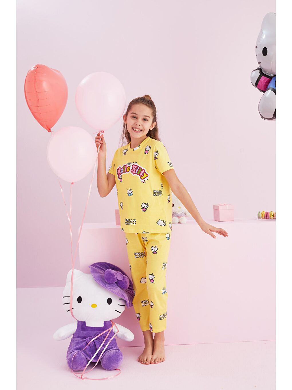 SİYAH İNCİ Sarı Hello Kitty Lisanslı %100 Pamuk Sarı Çok Renkli Bisklet Yaka Pijama Takım - 1