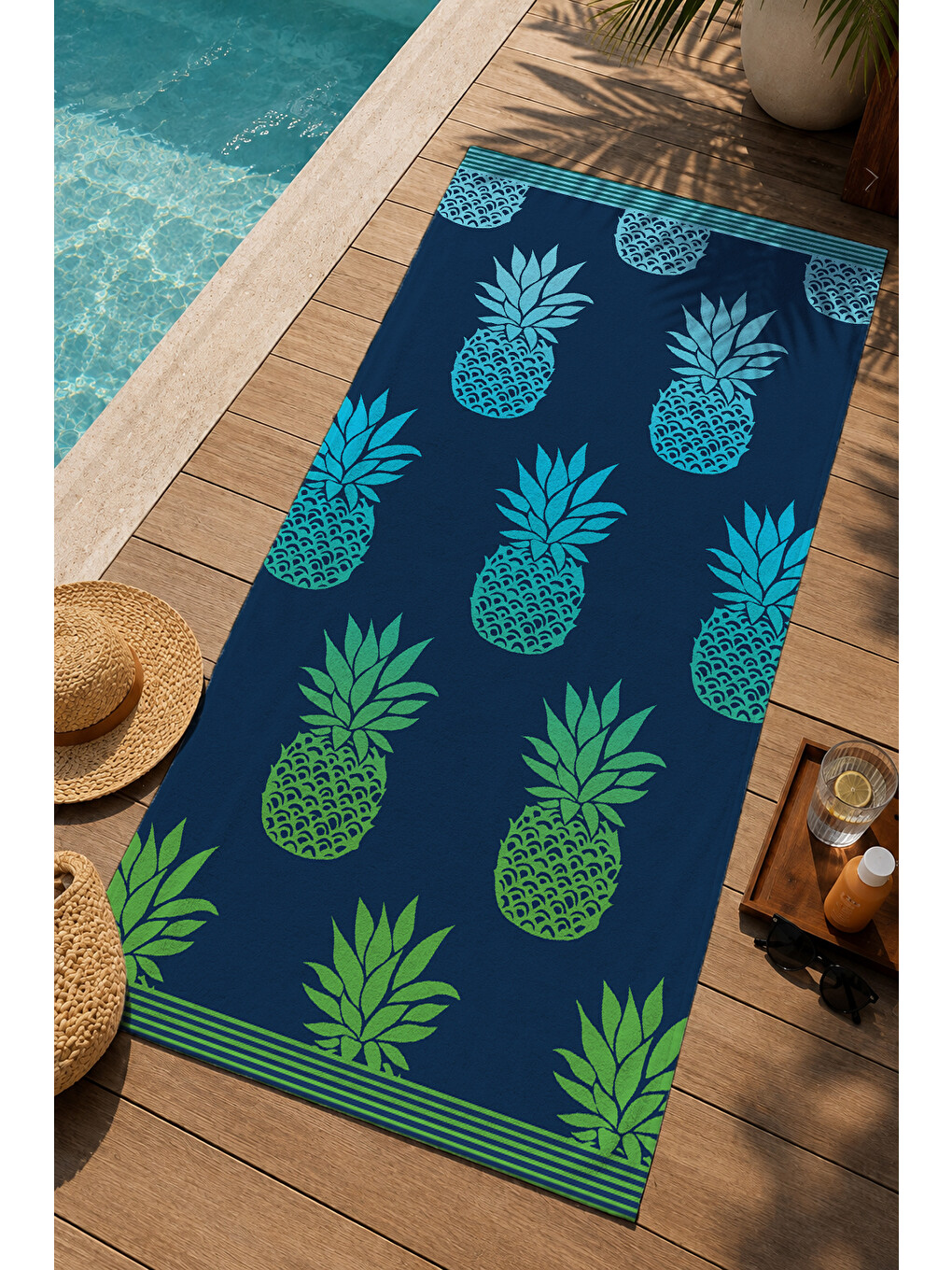 Lacivert Zemin Turkuaz Ananas Desenli 70x150 Cm Dijital Baskılı Plaj Ve Banyo Havlusu-1
