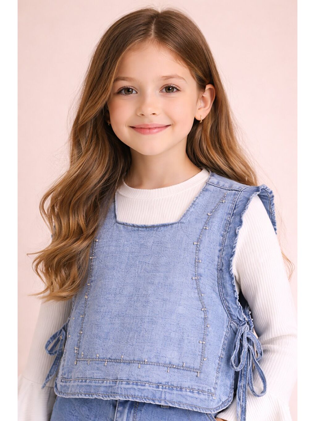 Mavi Geniş Paça Pantolonlu Taş Detaylı 3lü Kız Çocuk Jean Takım 23740-2