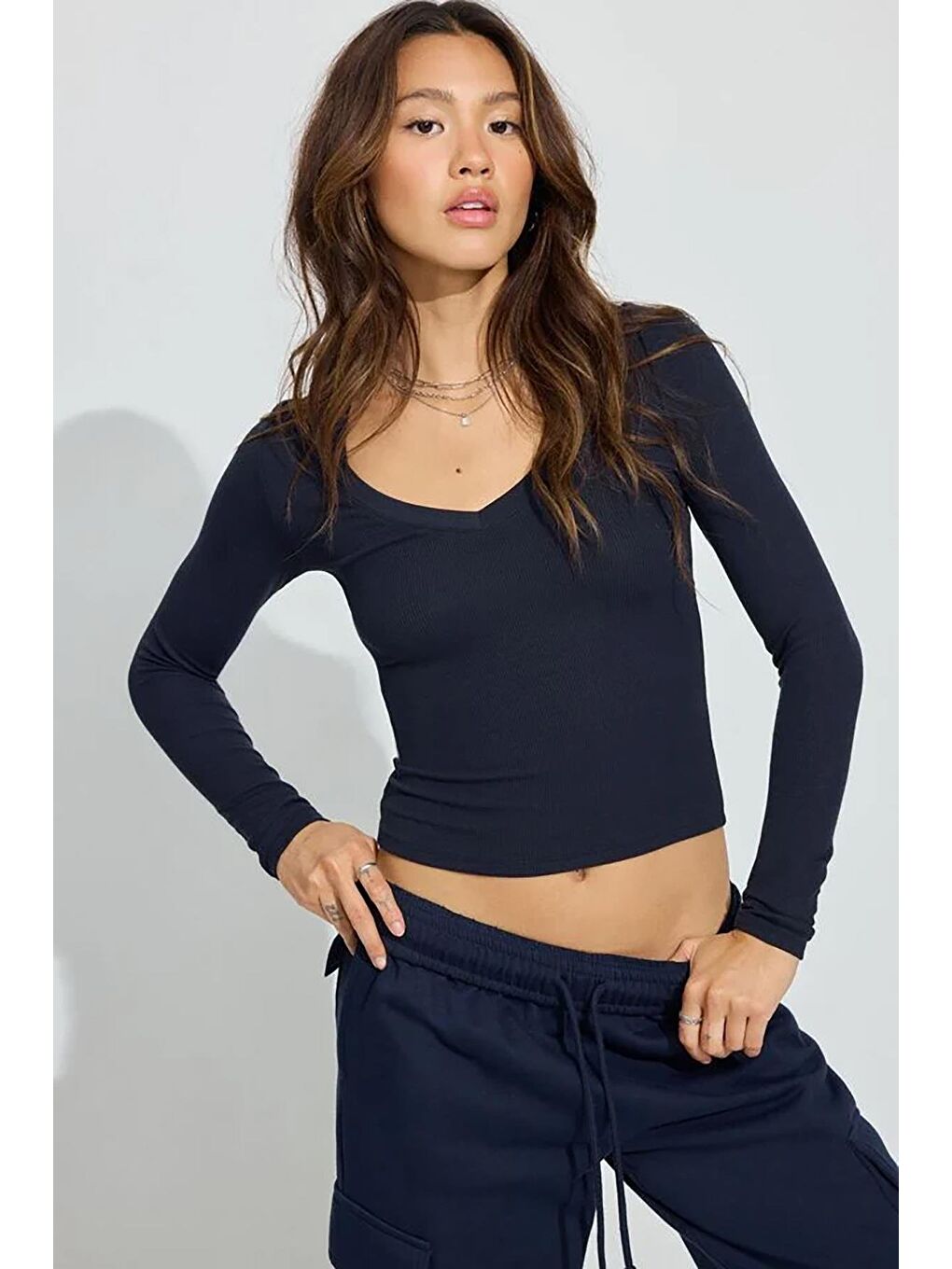 Lacivert V Yaka Uzun Kollu Kaşkorse Body Mg2192