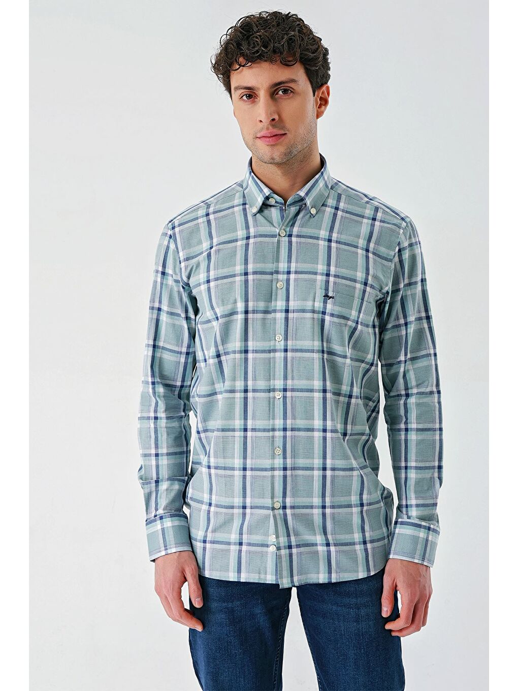 Turkuaz Su Yeşili Uzun Kollu Ekoseli Cepli %100 Pamuk Klasik Comfort Fit Rahat Kesim Gömlek 1004240184