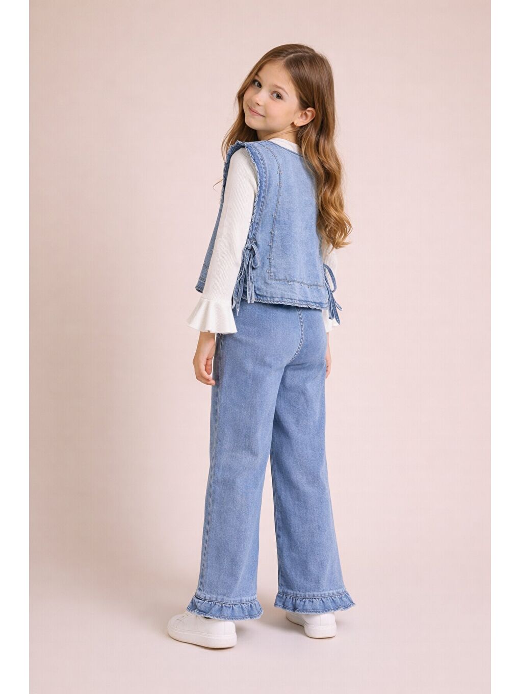 Mavi Geniş Paça Pantolonlu Taş Detaylı 3lü Kız Çocuk Jean Takım 23740-3