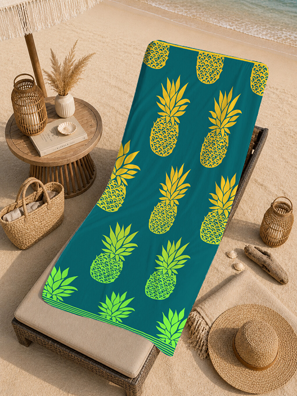 Yeşil Zemin Sarı Ananas Desenli 70x150 Cm Dijital Baskılı Plaj Ve Banyo Havlusu-3