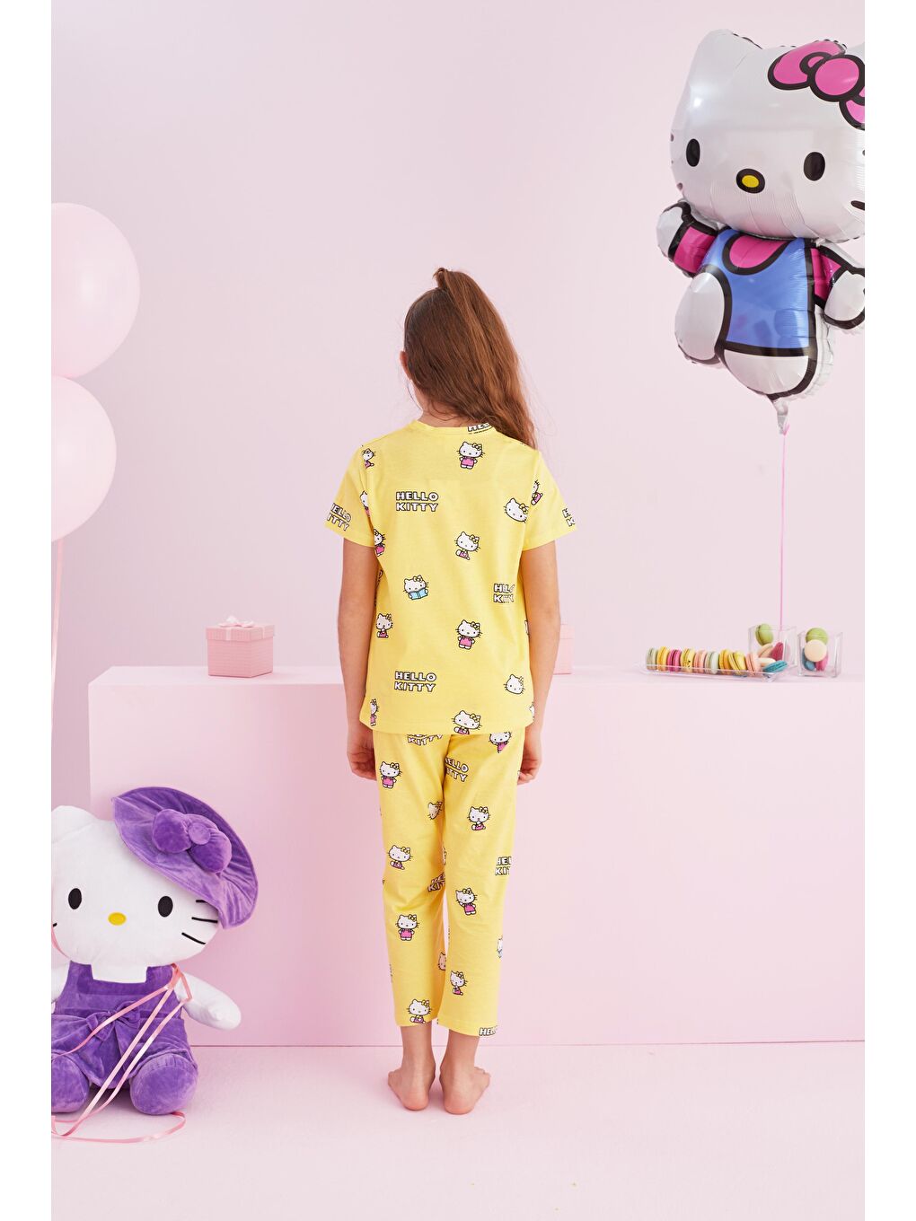 SİYAH İNCİ Sarı Hello Kitty Lisanslı %100 Pamuk Sarı Çok Renkli Bisklet Yaka Pijama Takım - 2