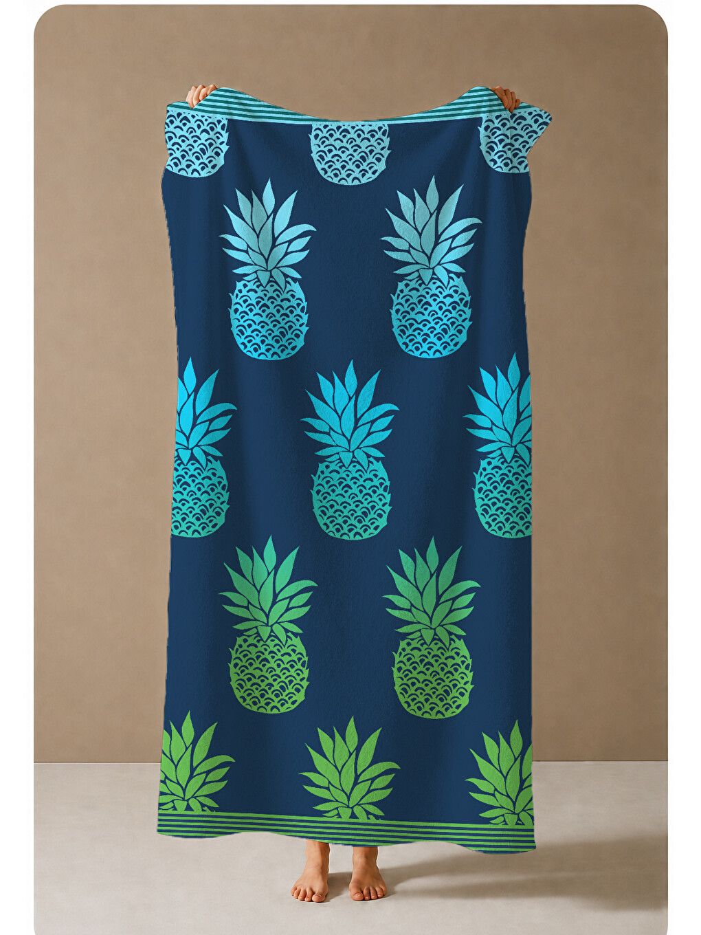 Lacivert Zemin Turkuaz Ananas Desenli 70x150 Cm Dijital Baskılı Plaj Ve Banyo Havlusu-2