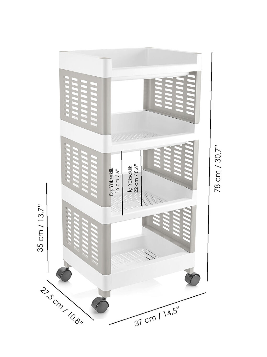 Gri 4 Katlı Tekerlekli Banyo Rafı-5