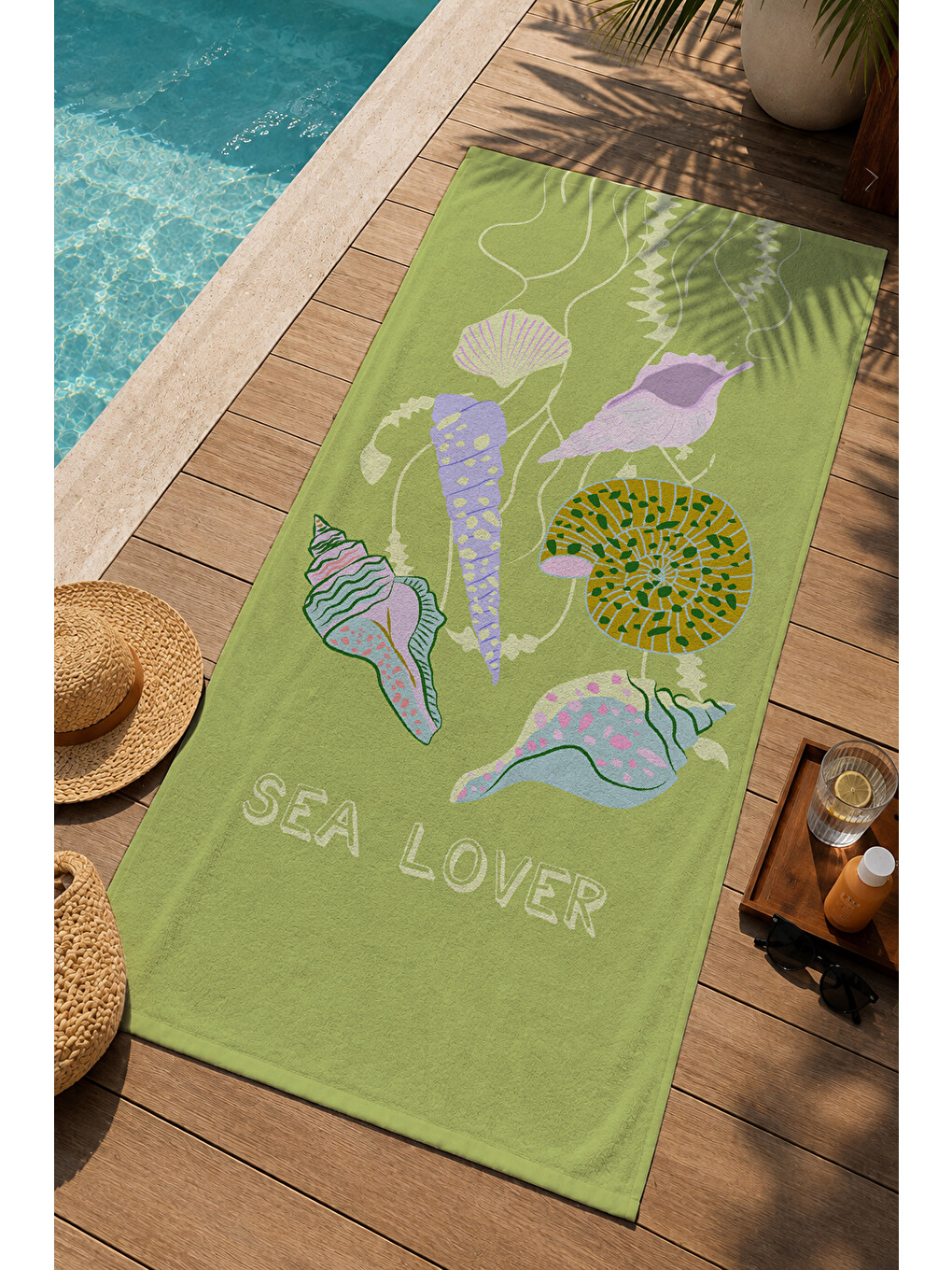 Yeşil Sea Lover Deniz Kabuğu Ve Balık Desenli 70x150 Cm Dijital Baskılı Plaj Ve Banyo Havlusu-2