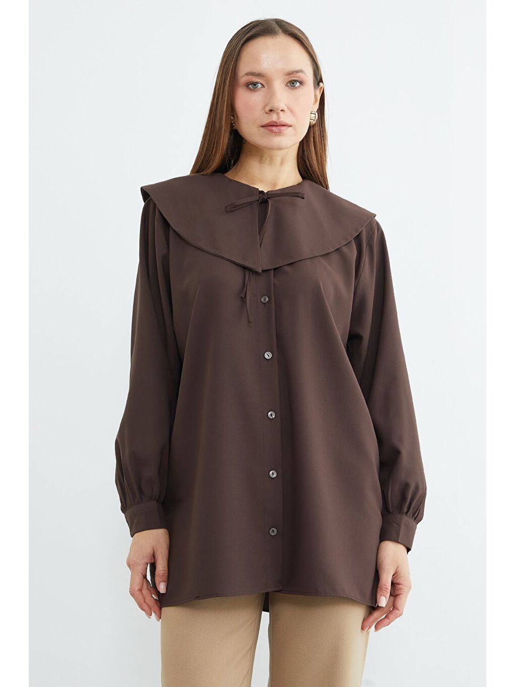 Kahverengi Fullamodest Bebe Yaka Balon Kol Tunik