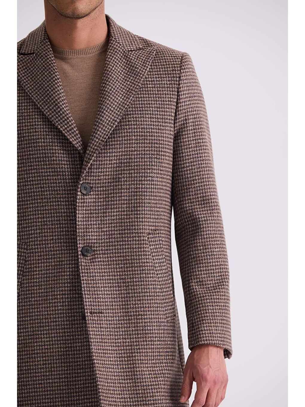 Kahverengi Kahve Comfort Fit Sivri Yaka Kareli Desenli Yünlü Kaşe Kaban-2