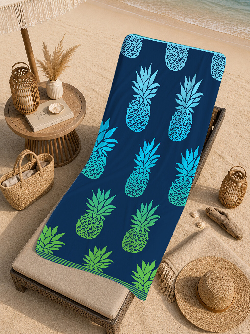 Lacivert Zemin Turkuaz Ananas Desenli 70x150 Cm Dijital Baskılı Plaj Ve Banyo Havlusu-3