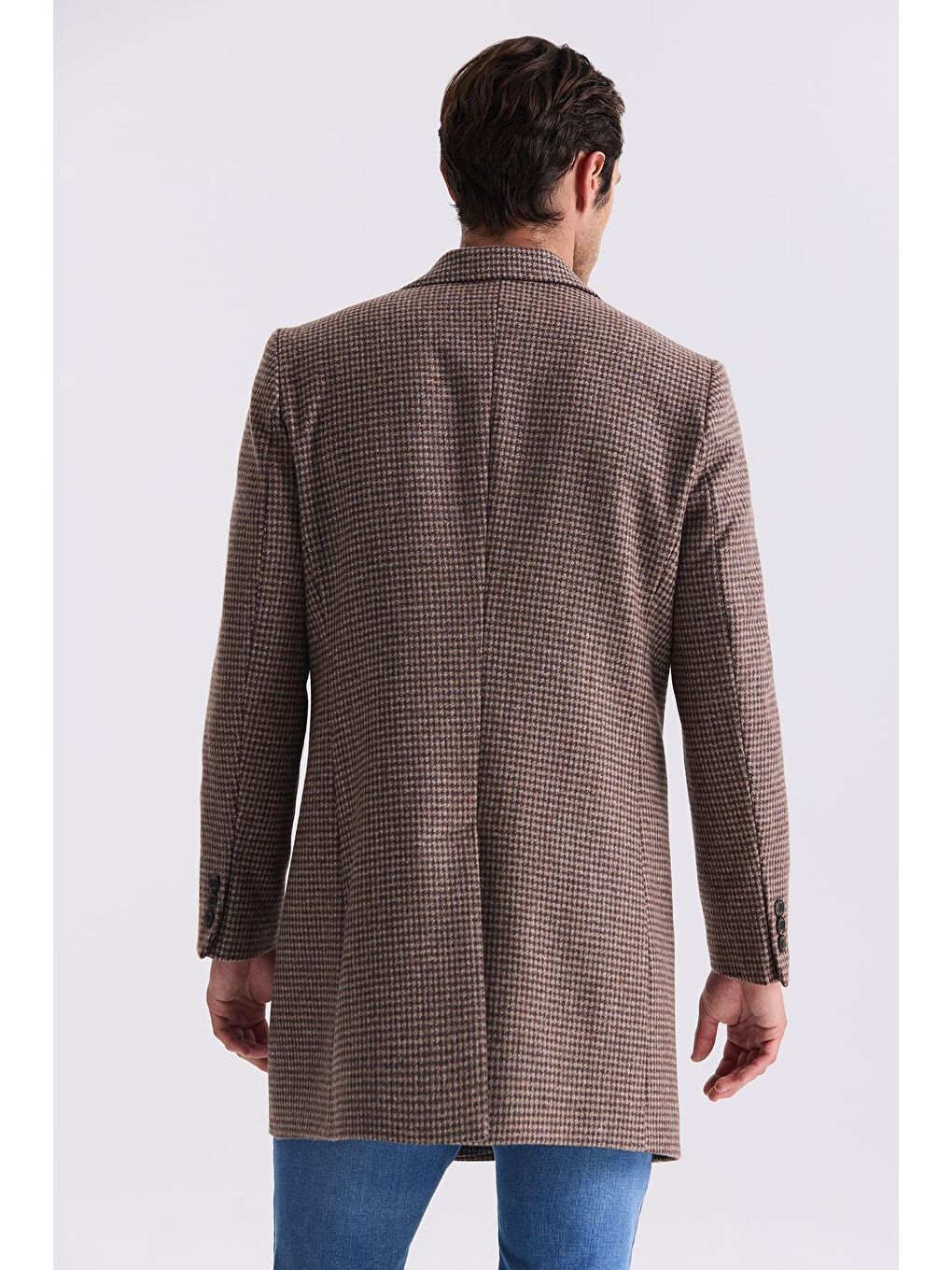 Kahverengi Kahve Comfort Fit Sivri Yaka Kareli Desenli Yünlü Kaşe Kaban-3