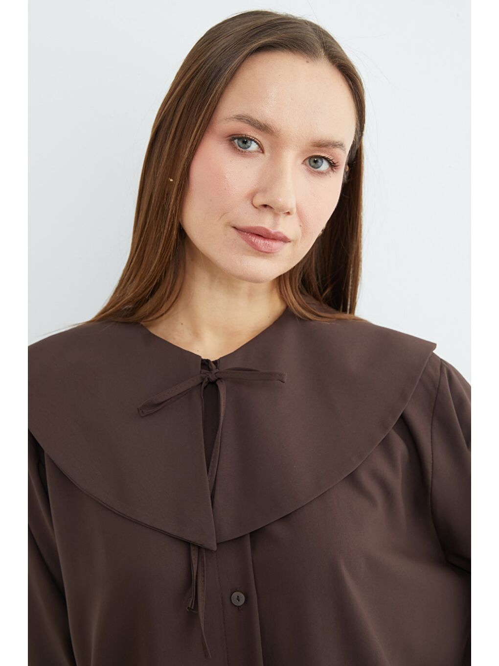 Kahverengi Fullamodest Bebe Yaka Balon Kol Tunik-2