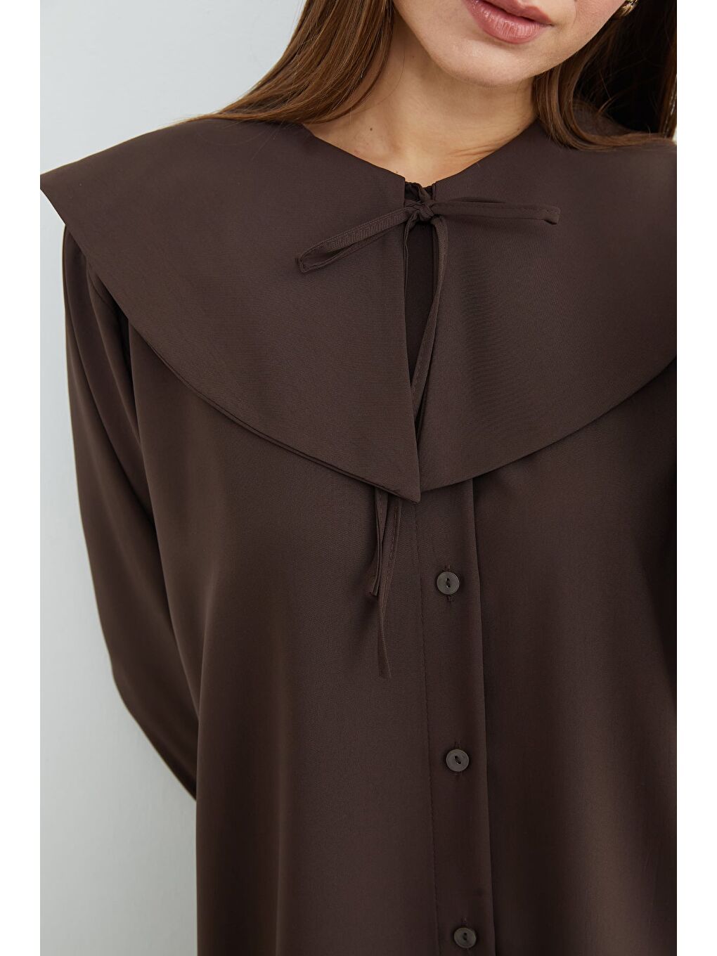 Kahverengi Fullamodest Bebe Yaka Balon Kol Tunik-3