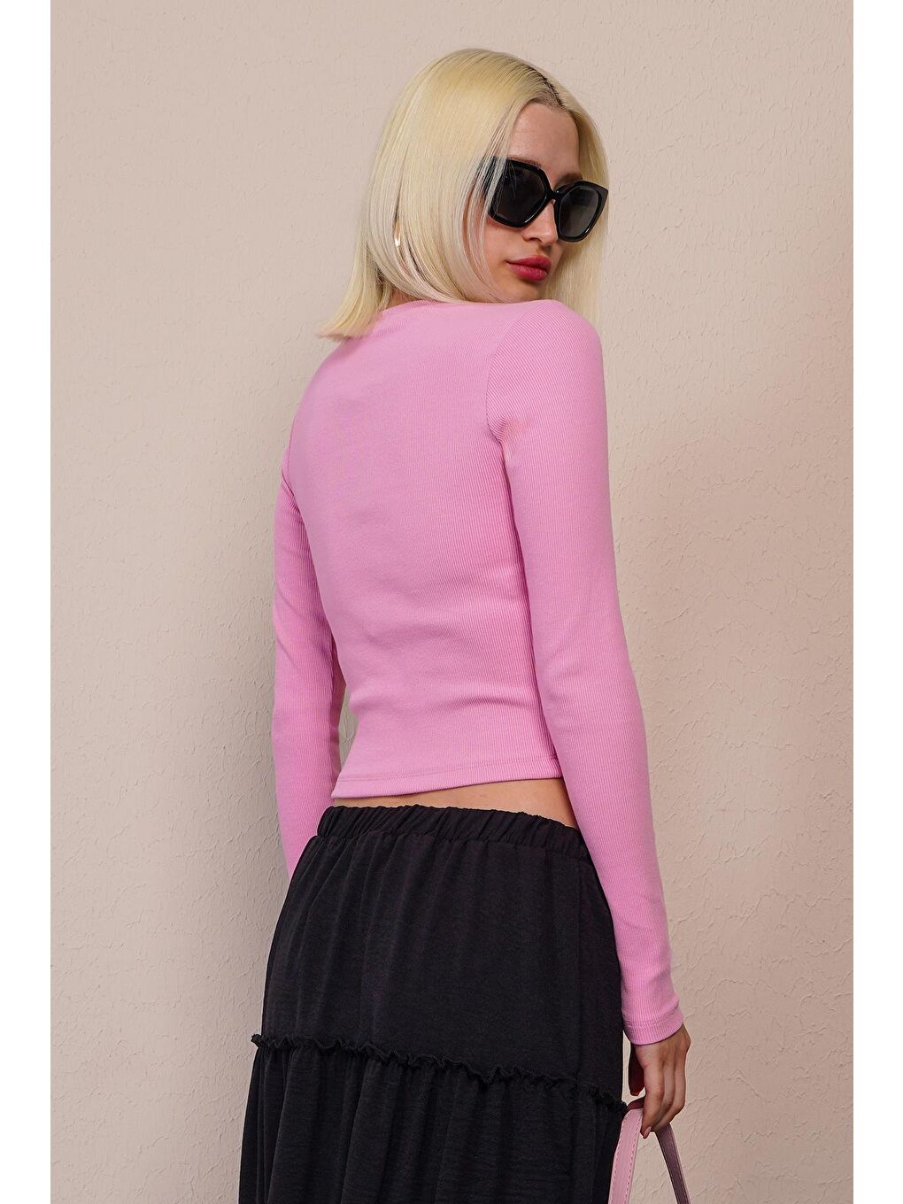 Pembe V Yaka Uzun Kollu Kaşkorse Body Mg2192-2