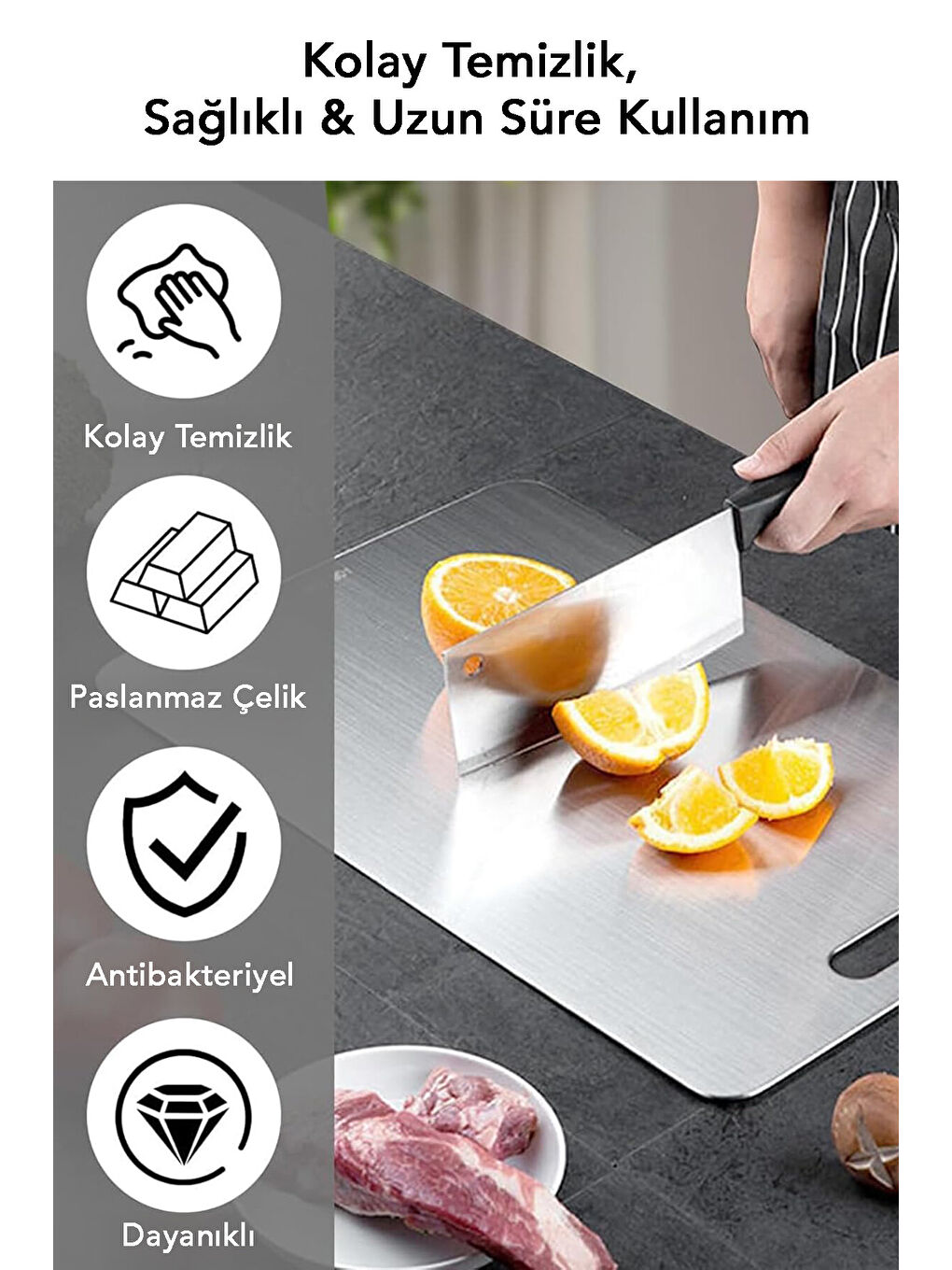 Gri 1 Adet Paslanmaz Çelik Kesme Tahtası-2