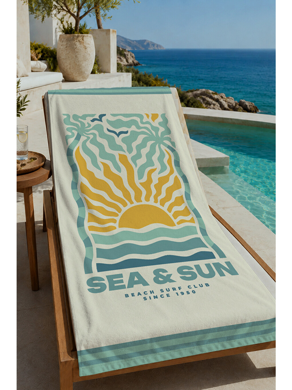 Mavi Sarı Sea And Sun Dalga Desenli 70x150 Cm Dijital Baskılı Plaj Ve Banyo Havlusu